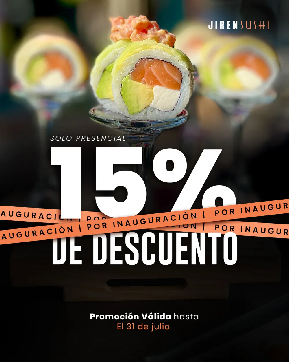Post de Jiren Sushi anunciando 15 % de descuento por apertura